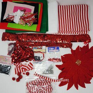 Christmas Crafters Lot Felt Stretch Fabric Beads Thread Poinsettia Sequin